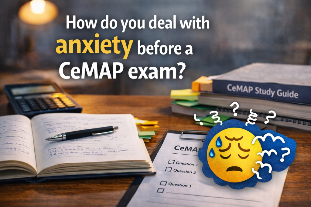 CeMAP study setup with notes and mock exam paper showing learner anxiety before exam and preparation environment