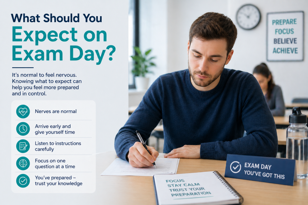 Learner sitting CeMAP exam showing what to expect on exam day and managing nerves during the test