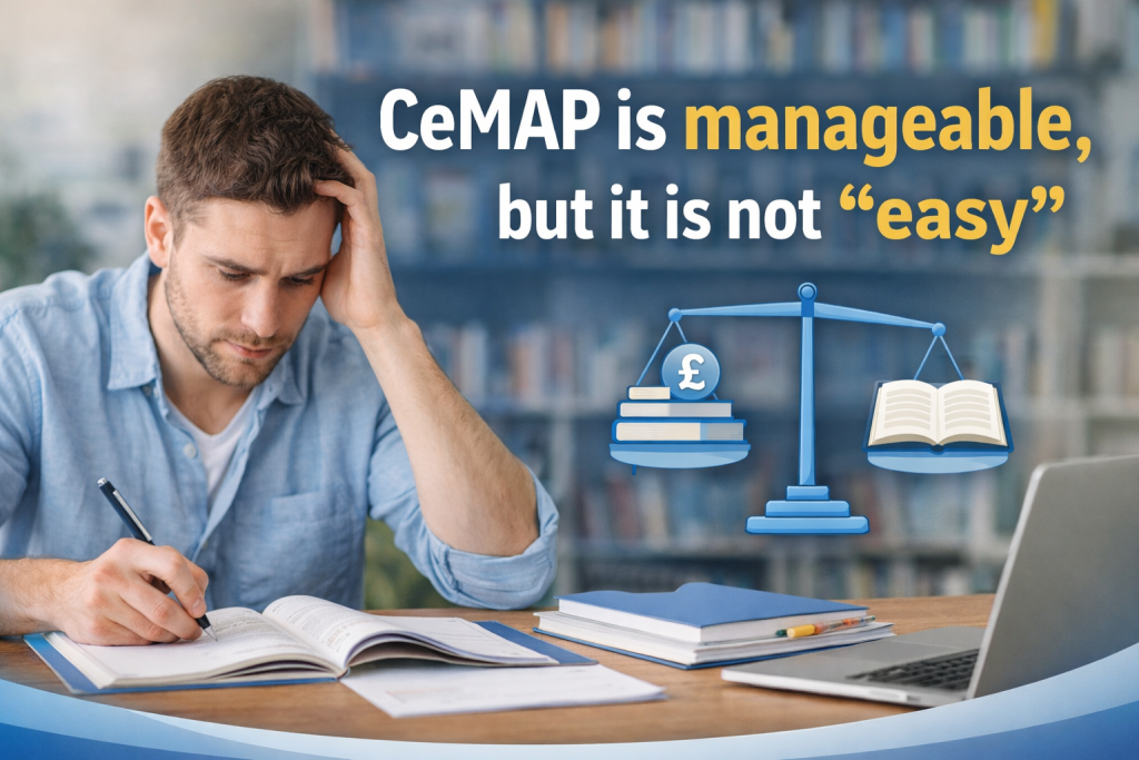 CeMAP learner studying with books and laptop showing that CeMAP is manageable but not easy