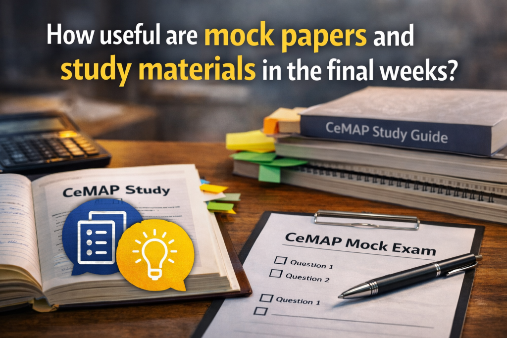 CeMAP mock exam paper and study materials on desk showing how learners revise in the final weeks before the exam