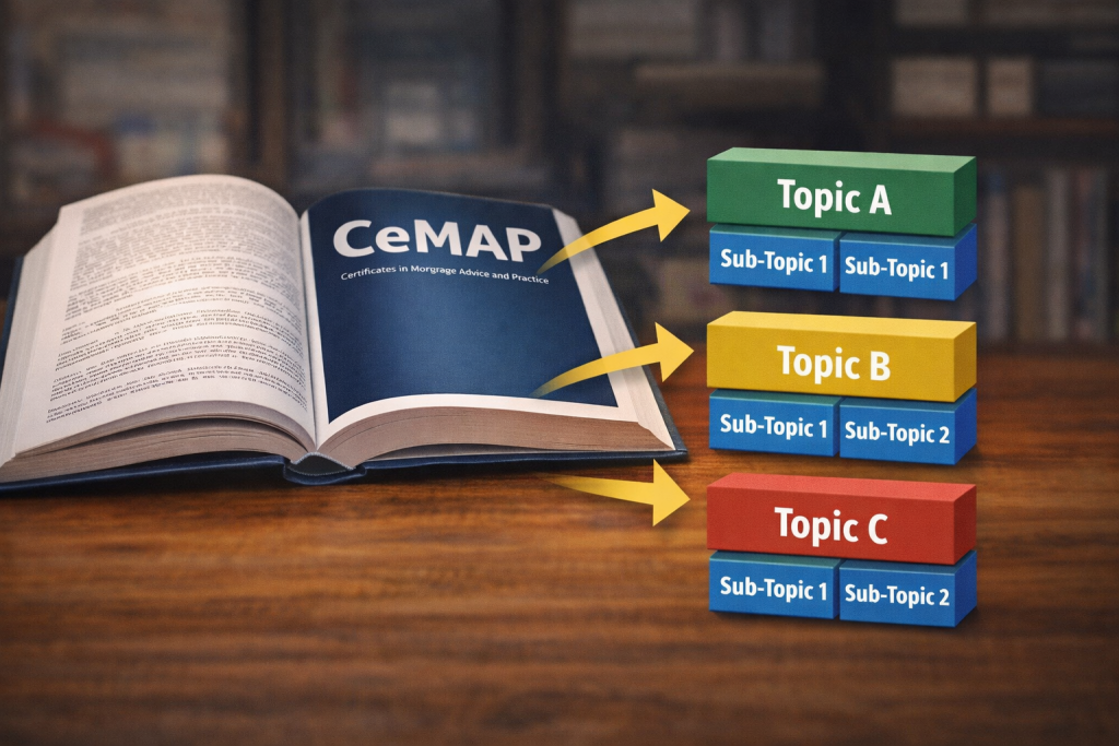 Visual showing CeMAP syllabus broken into topics and sub-topics using stacked blocks and arrows from study material