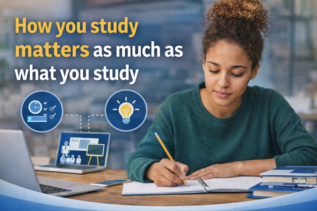 CeMAP learner studying with notes and laptop showing that how you study matters as much as what you study
