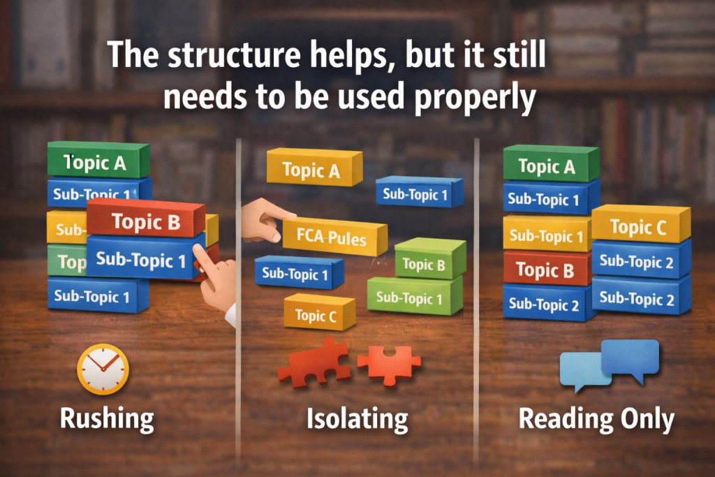 CeMAP study blocks showing common mistakes like rushing, isolating topics, and only reading without applying knowledge