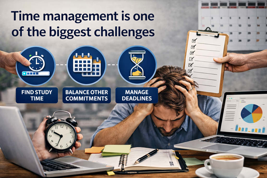 CeMAP learner struggling with time management while studying with notes, laptop and deadlines