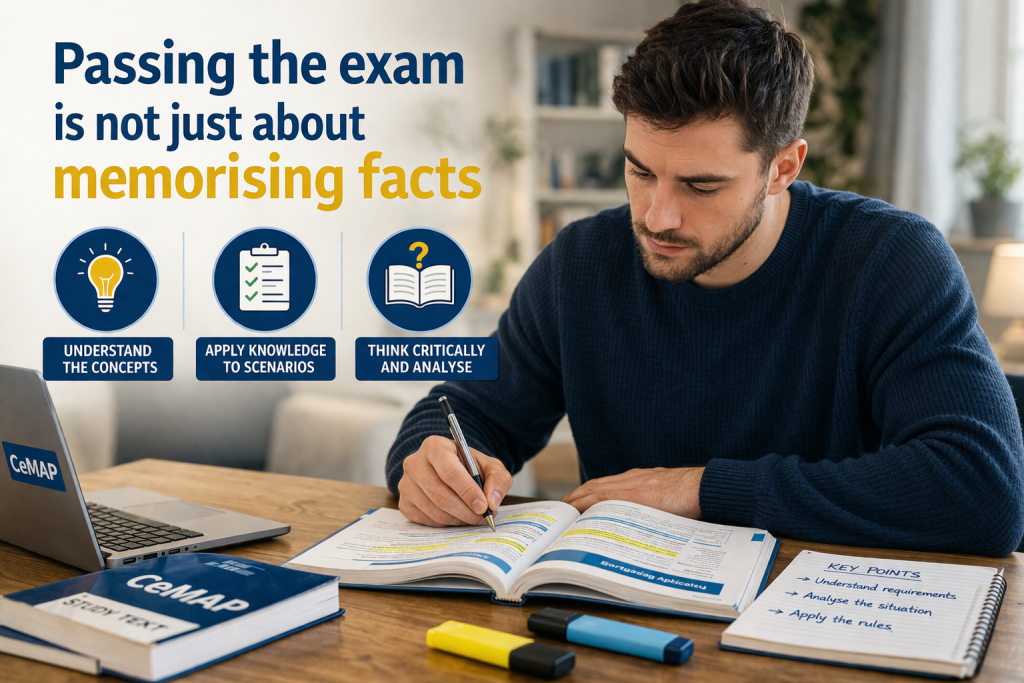 CeMAP learner studying showing that passing exams requires understanding and not just memorising facts