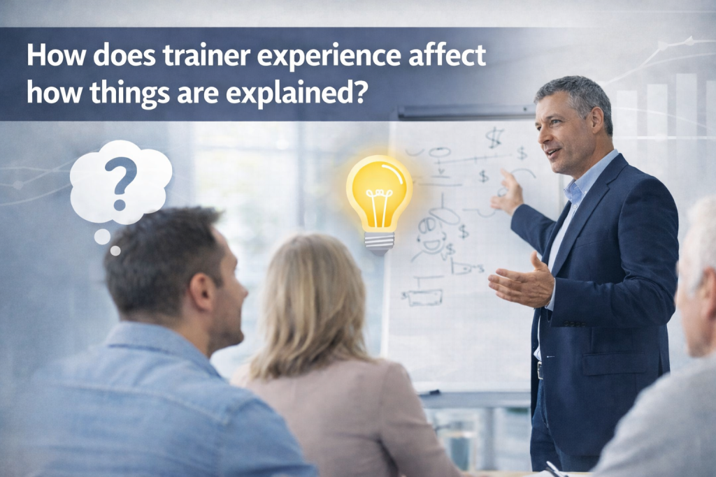 Trainer explaining complex CeMAP concepts to learners showing how experience improves understanding