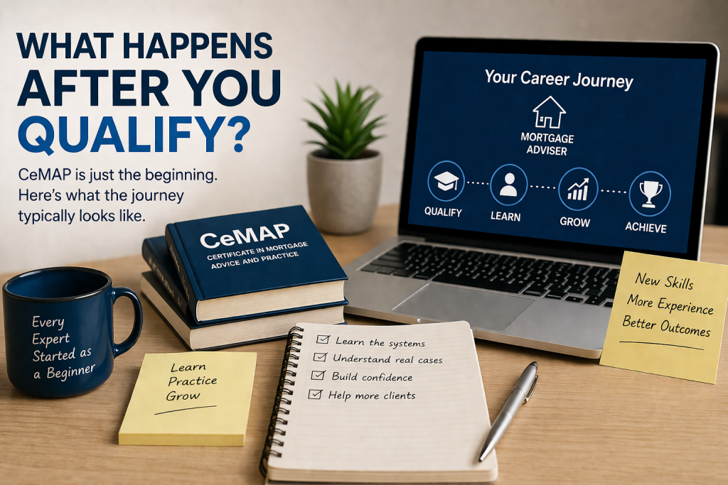 CeMAP career journey visual showing study desk with laptop, books and notes explaining what happens after qualifying as a mortgage adviser