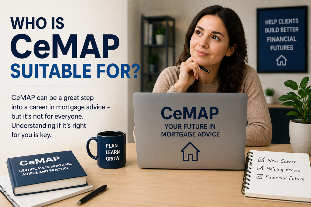Person considering a CeMAP qualification while studying at a desk with laptop and notes, representing who CeMAP is suitable for and career decisions in mortgage advice