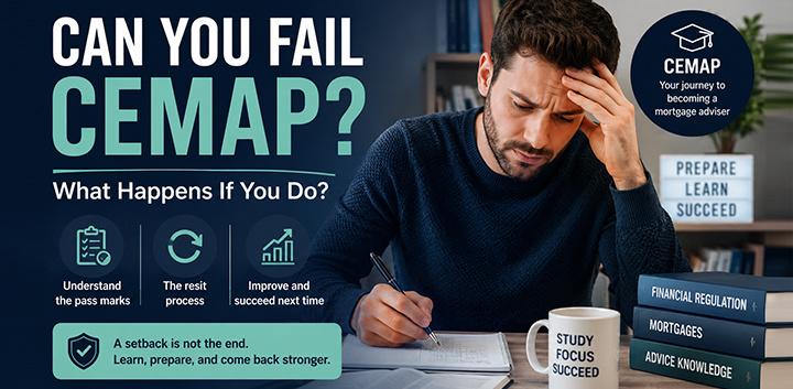 Learner studying for CeMAP exam looking worried, with text explaining what happens if you fail CeMAP and how to resit successfully.