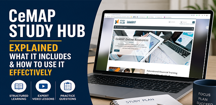 CeMAP Study Hub online learning platform displayed on laptop with study notes and workspace
