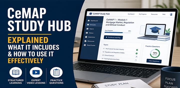 CeMAP Study Hub online learning platform showing structured modules, video lessons and practice questions