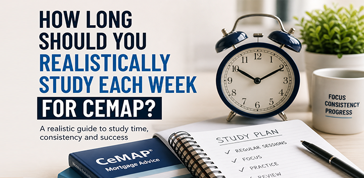 How many hours a week to study for CeMAP shown with study plan, books and clock