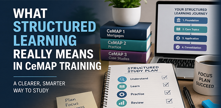 Structured CeMAP study plan with organised books, checklist and laptop showing how structured learning helps mortgage adviser students study step by step.