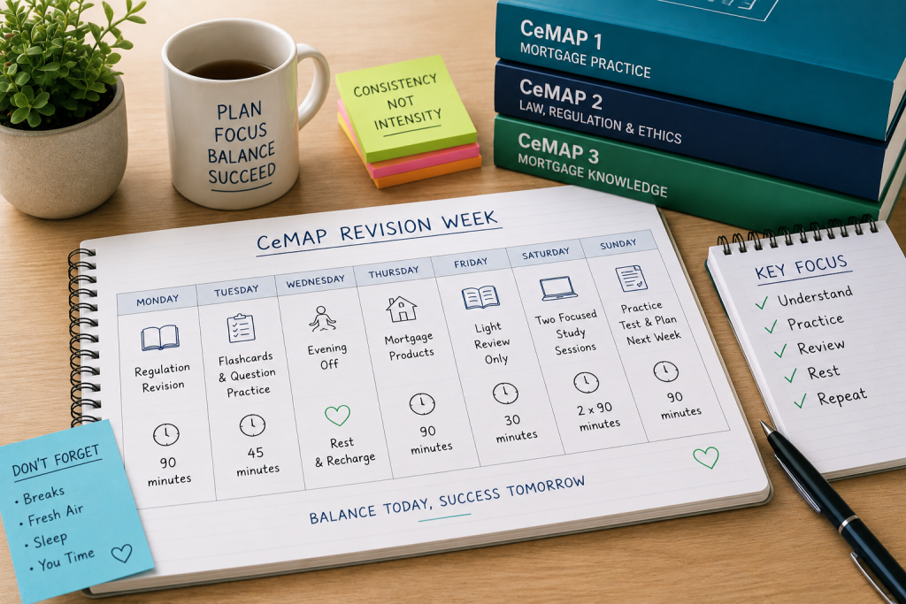CeMAP revision week planner showing a balanced study schedule with revision sessions, breaks, and practice tests