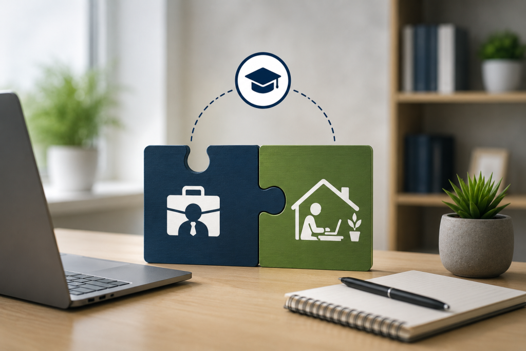 Desk workspace with puzzle pieces representing CeMAP as the foundation for both employed and self-employed mortgage adviser careers.