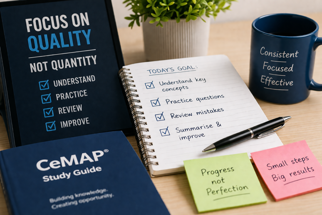 CeMAP study example showing quality study methods like practice and review instead of long unfocused study hours