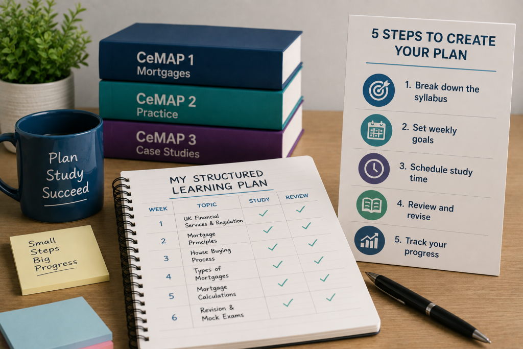 Personal CeMAP study plan with weekly checklist, books and notes showing how learners can create their own structured learning plan.