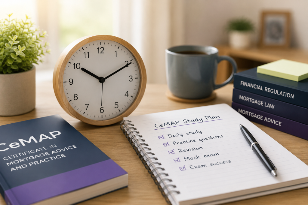 Clock, CeMAP study plan notebook, and study materials on a desk showing how learners can fit CeMAP study into a realistic schedule.