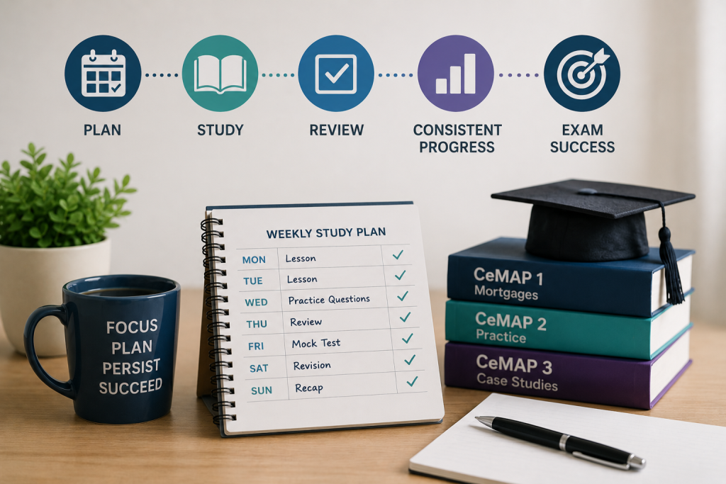 Weekly CeMAP study plan with books and checklist showing how structured learning helps students study consistently.