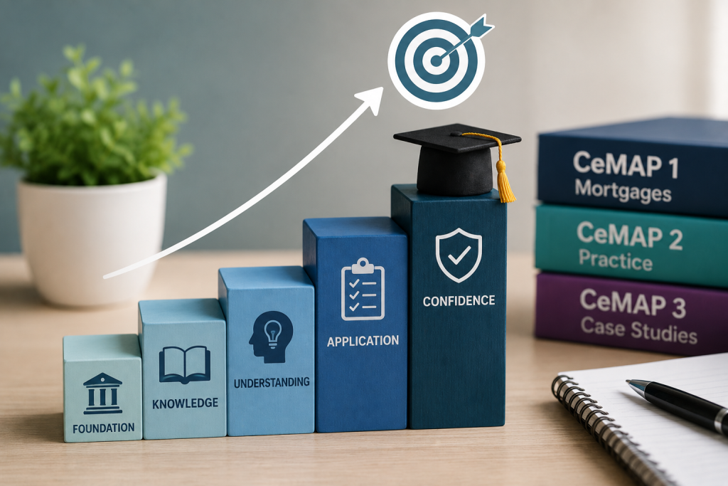 Step-by-step blocks leading to CeMAP books and a graduation cap, showing how structured learning builds knowledge and confidence for CeMAP exams.