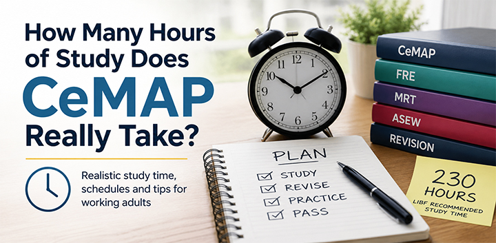 CeMAP study planning desk with revision materials, study schedule, clock and 230-hour study time guidance for mortgage adviser qualification.