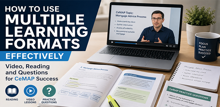 Learner studying CeMAP using video lessons, reading materials and practice questions to improve understanding and exam preparation.