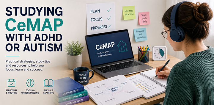 Adult learner studying CeMAP at an organised desk using structured study techniques, visual planning tools, and multiple learning resources to support ADHD and autism-friendly learning.