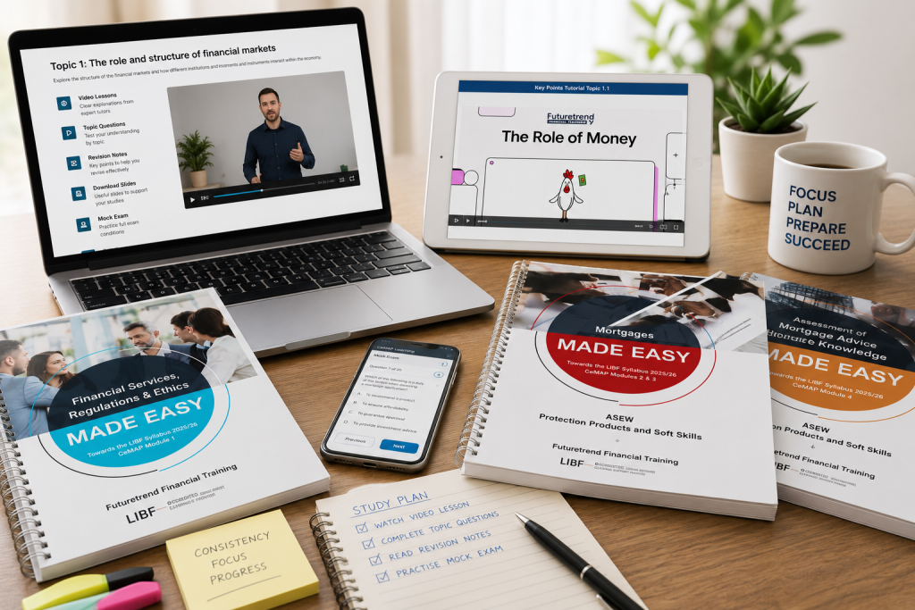 CeMAP study resources including video lessons, revision guides, mock exams, practice questions and digital learning materials used to support exam preparation.
