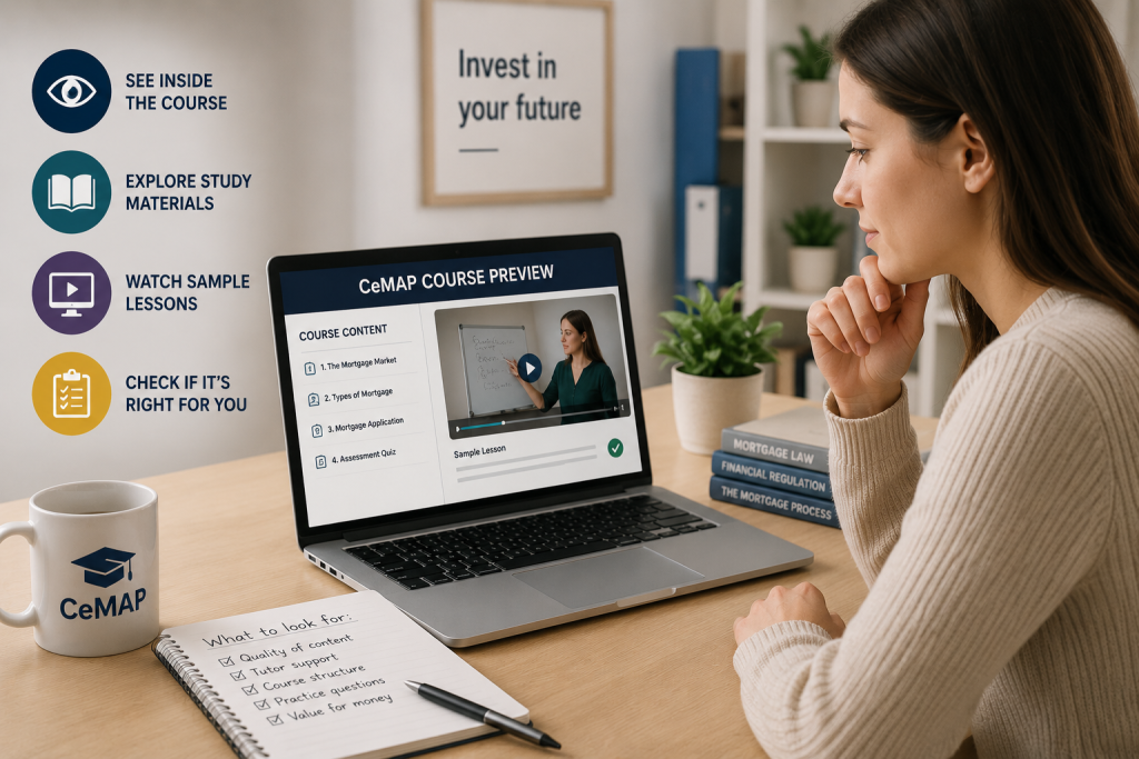 Learner viewing a CeMAP course preview online to compare study materials, lesson structure and learning platform before enrolling.