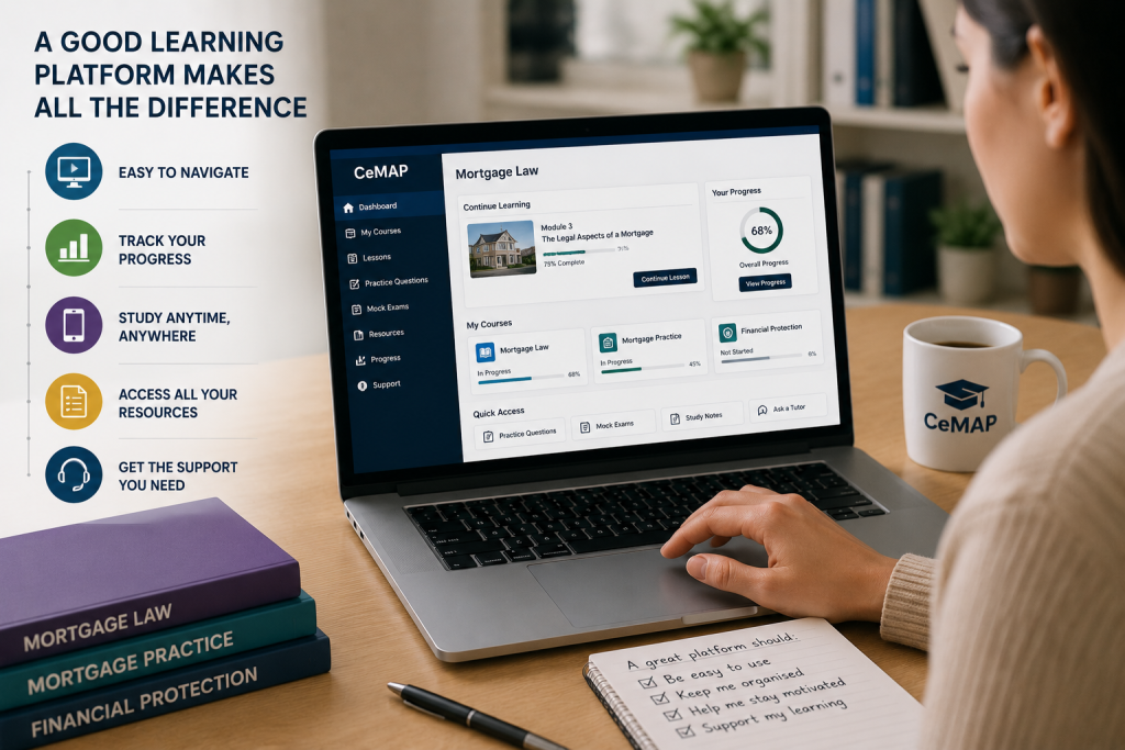 Learner using an online CeMAP learning platform with progress tracking, study resources and tutor support.