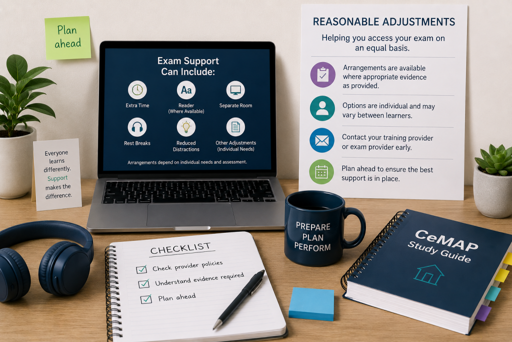 Organised CeMAP study workspace displaying information about exam arrangements, study planning tools, revision materials, and support options for neurodivergent learners.