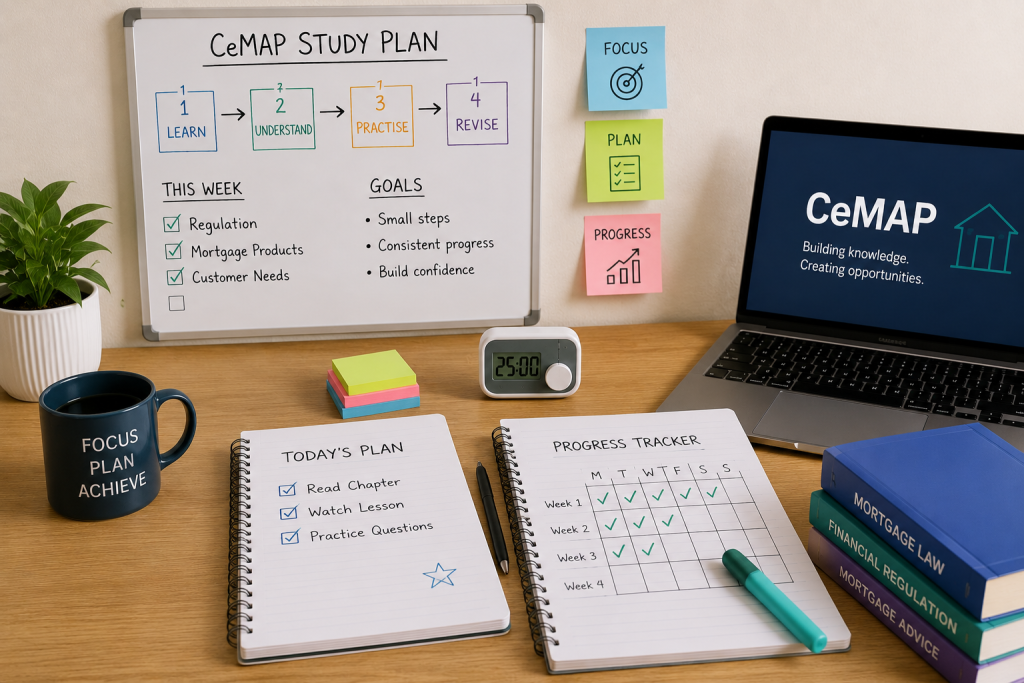 Organised CeMAP study workspace featuring a structured study plan, progress tracker, revision notes, laptop, and learning materials arranged to support focused and consistent study.