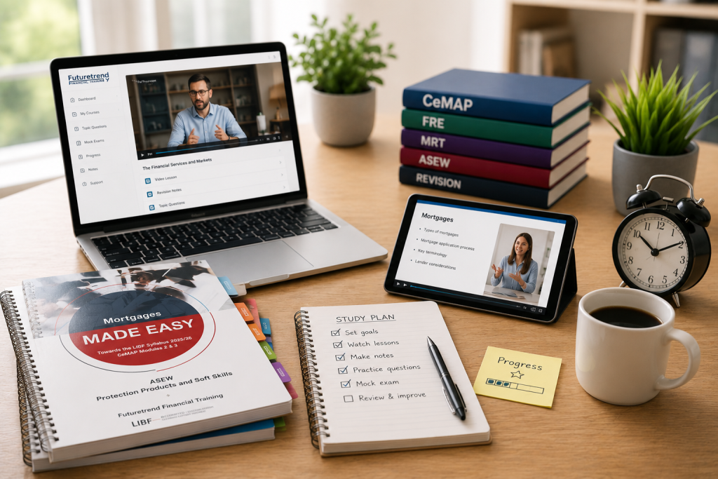 CeMAP study workspace with online lessons, revision books, study plan, notebook and learning resources used to prepare for mortgage adviser exams.