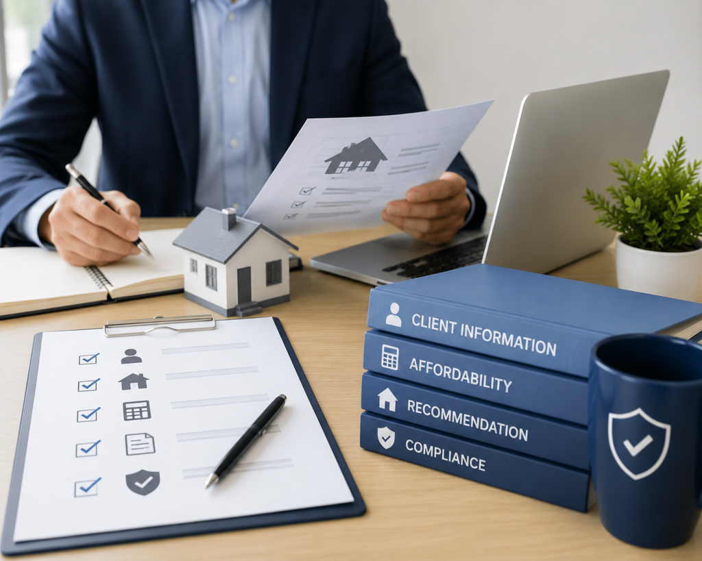 Mortgage adviser reviewing client information and affordability documents as part of the regulated mortgage advice process.