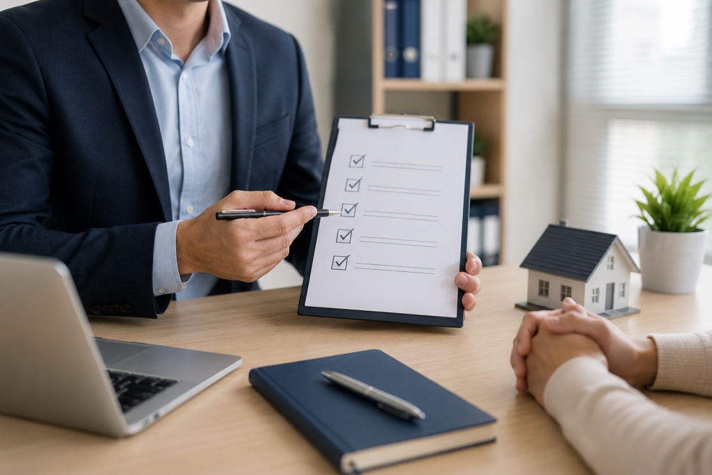 Mortgage adviser reviewing professional development requirements with a client during a meeting in a modern office.