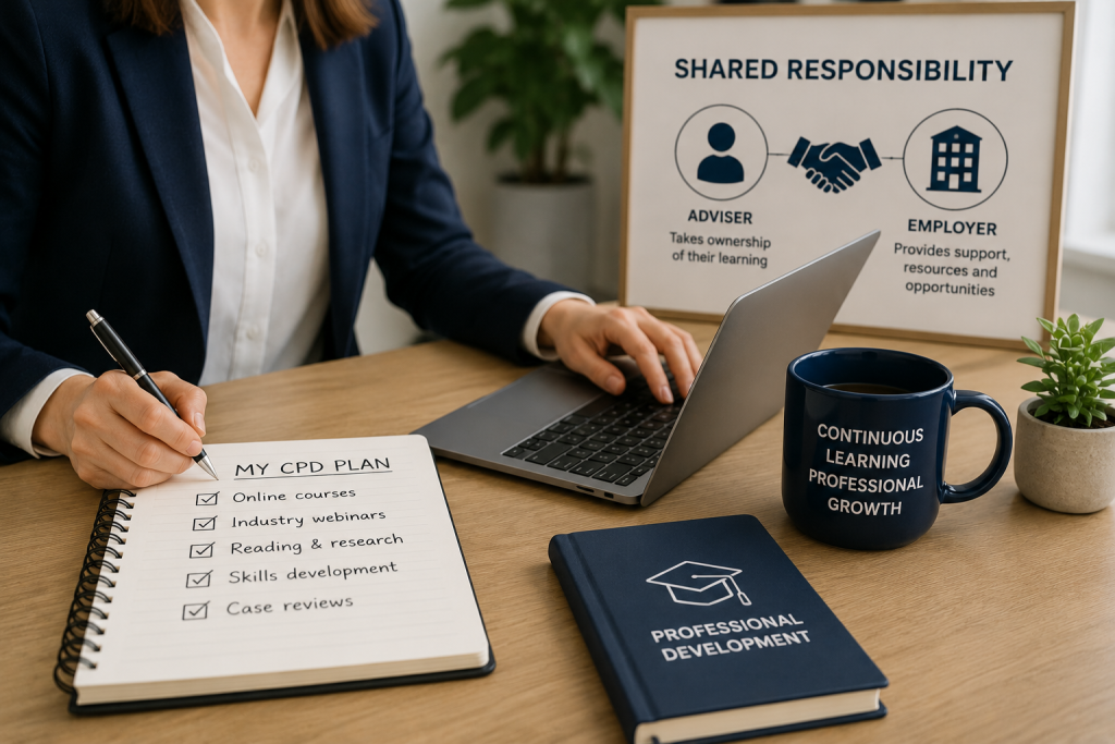Mortgage adviser creating a professional development plan with training resources and ongoing learning activities in an office environment.