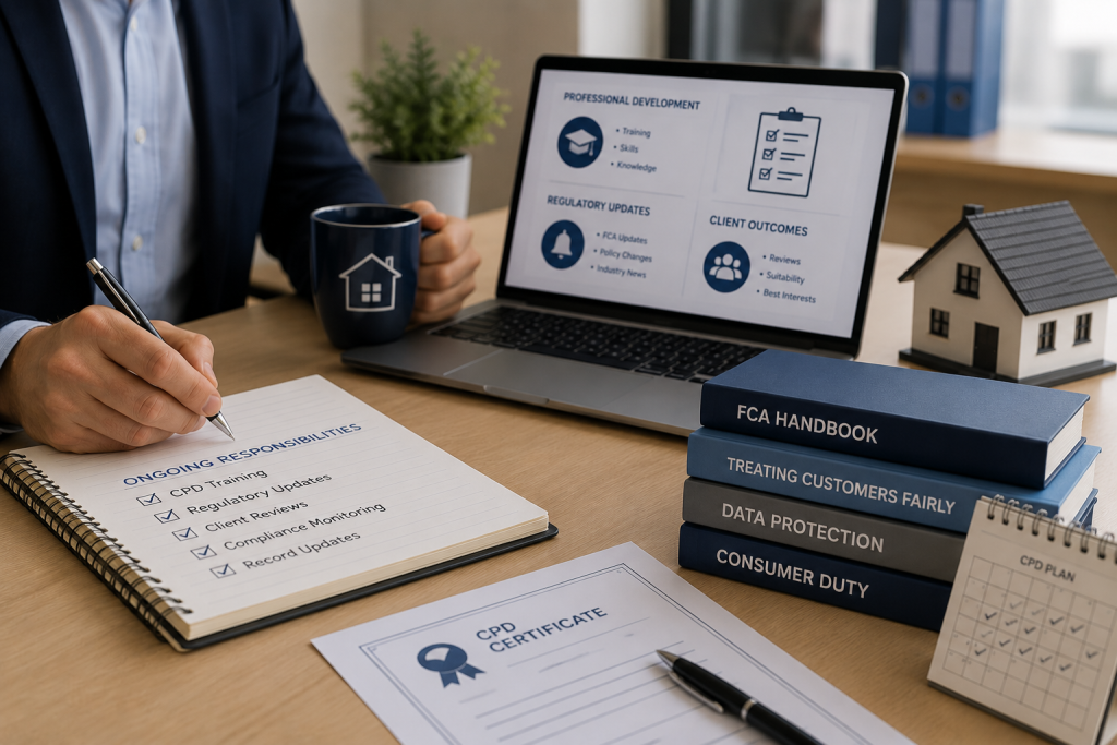 Mortgage adviser completing professional development and regulatory training as part of ongoing industry responsibilities.