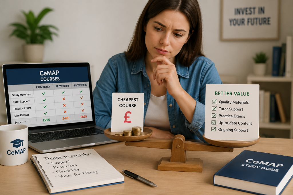 Comparing the cheapest CeMAP course with better value training by considering tutor support, study materials and learning resources.