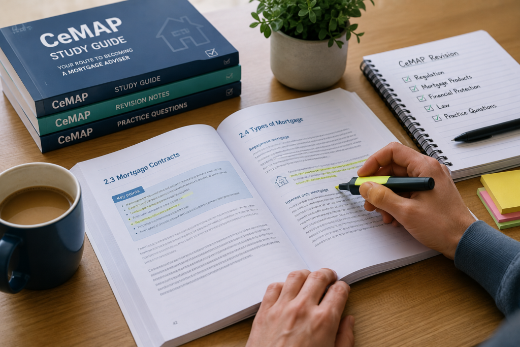 CeMAP learner reading study materials and highlighting key information during revision.
