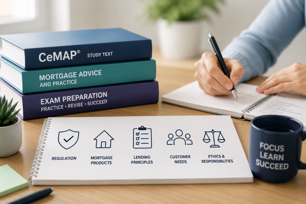 Student studying CeMAP with notes showing the key knowledge areas covered in the qualification.