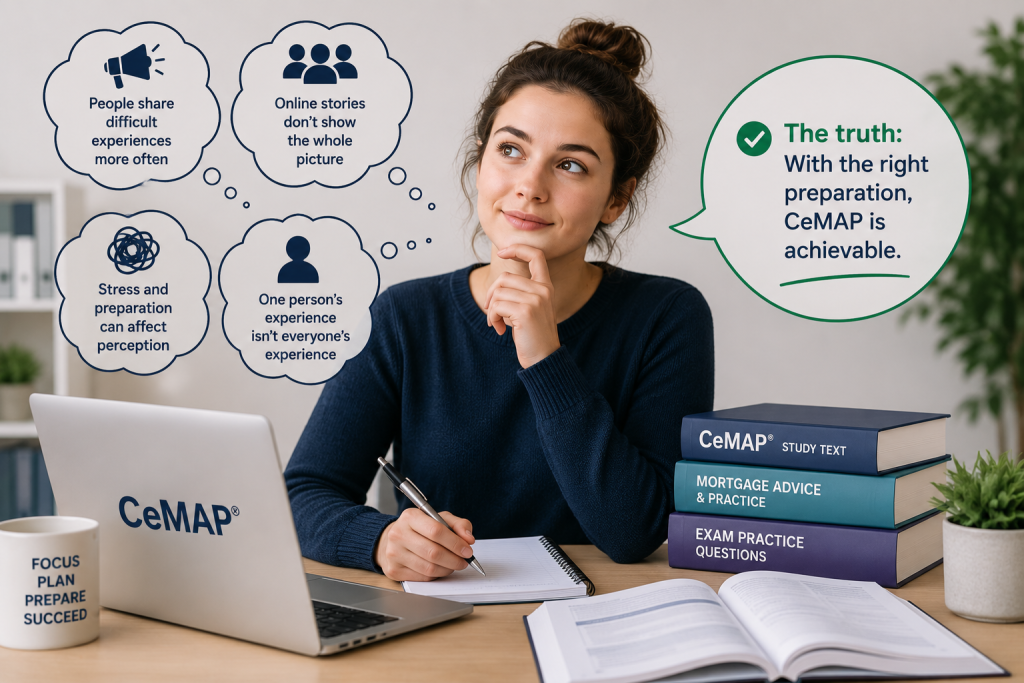 CeMAP learner studying while considering common myths and real expectations about the difficulty of CeMAP exams.