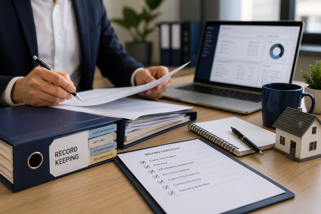 Mortgage adviser organising client records and documentation as part of the regulated mortgage advice process.