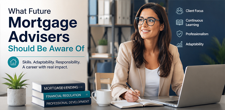 Professional mortgage adviser working in a modern office, representing the skills, professionalism and adaptability needed for a successful long-term mortgage advice career.