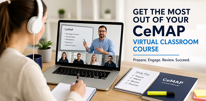 Student attending a live CeMAP virtual classroom course on a laptop while taking notes during online mortgage adviser training.
