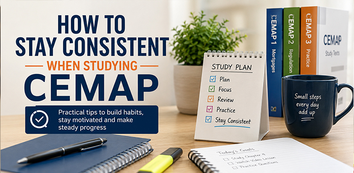 Learner following a consistent CeMAP study plan with study materials, planner and revision books.