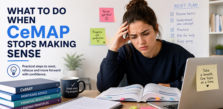 Student studying CeMAP after reaching a learning block, reviewing notes and using practical strategies to understand difficult mortgage adviser qualification topics.