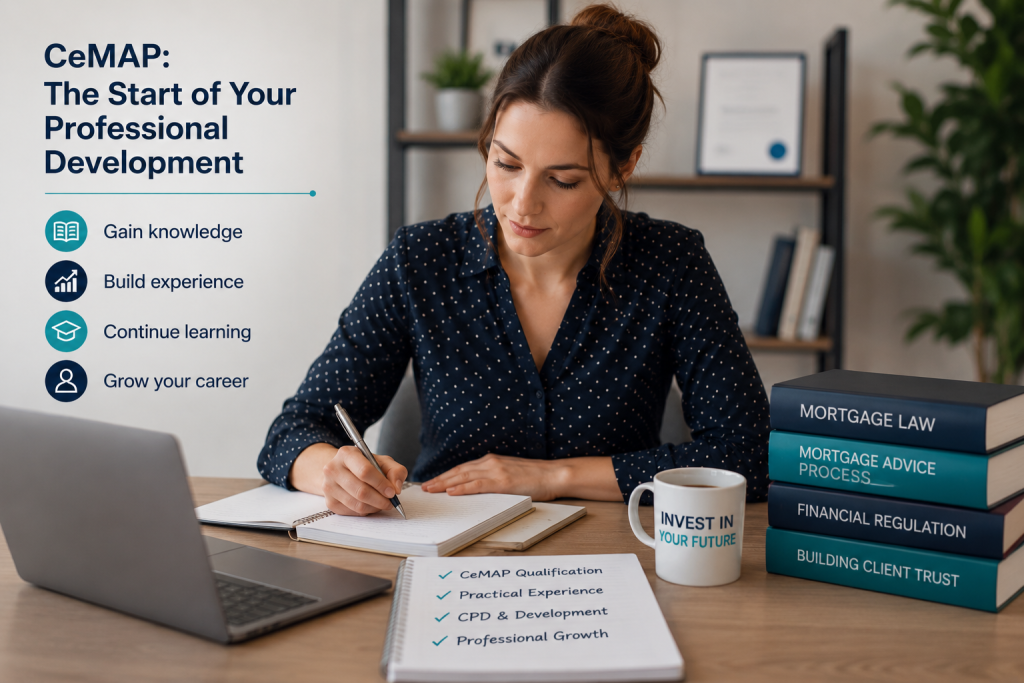 CeMAP learner studying at a desk with books and a laptop, representing the start of professional development towards a career as a mortgage adviser.