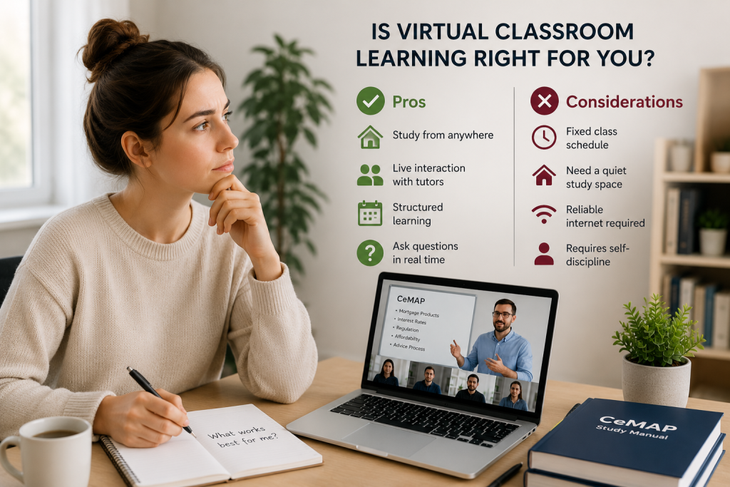 Prospective CeMAP learner considering whether a virtual classroom course suits their learning style and study needs.