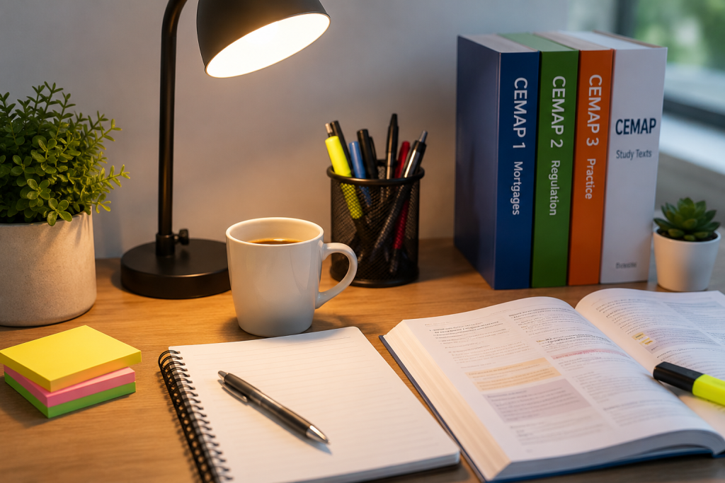 Organised CeMAP study desk with course books, notebook, coffee and study materials ready for a focused revision session.