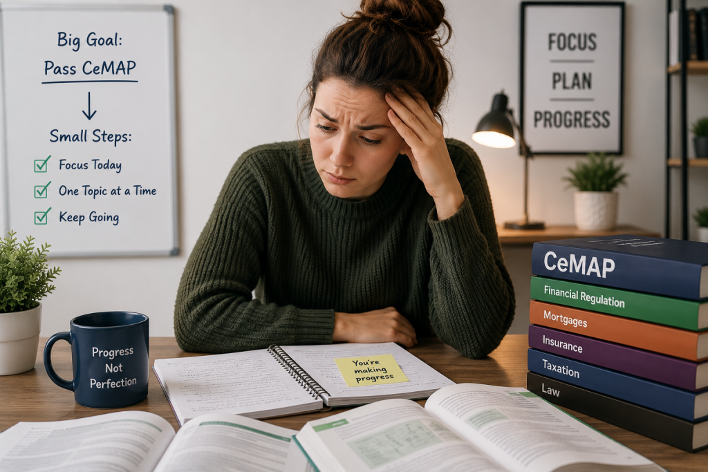 CeMAP learner feeling discouraged while studying, with study notes and textbooks showing that steady progress is more important than perfection.